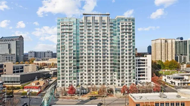 a city view with tall buildings