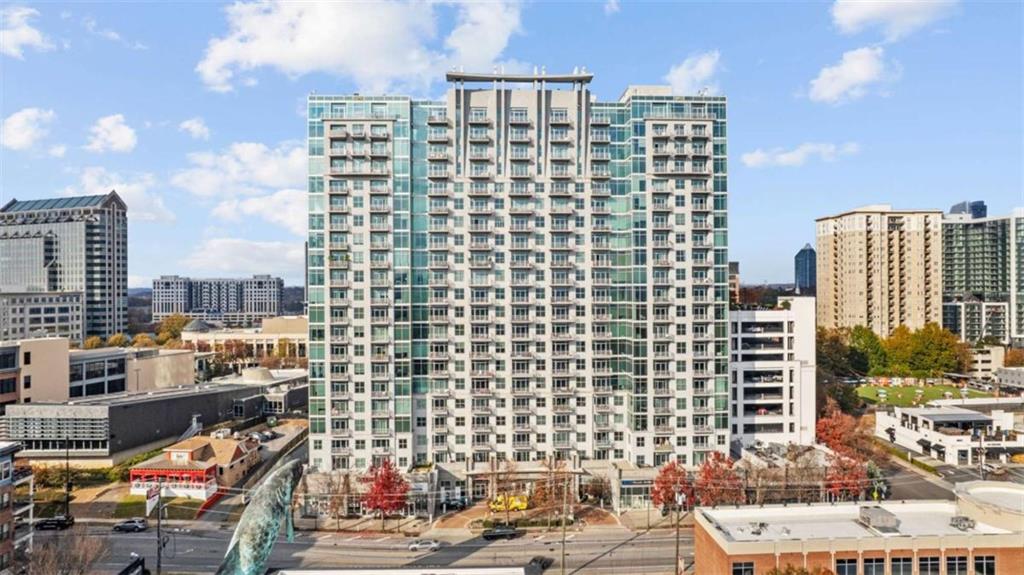 a city view with tall buildings