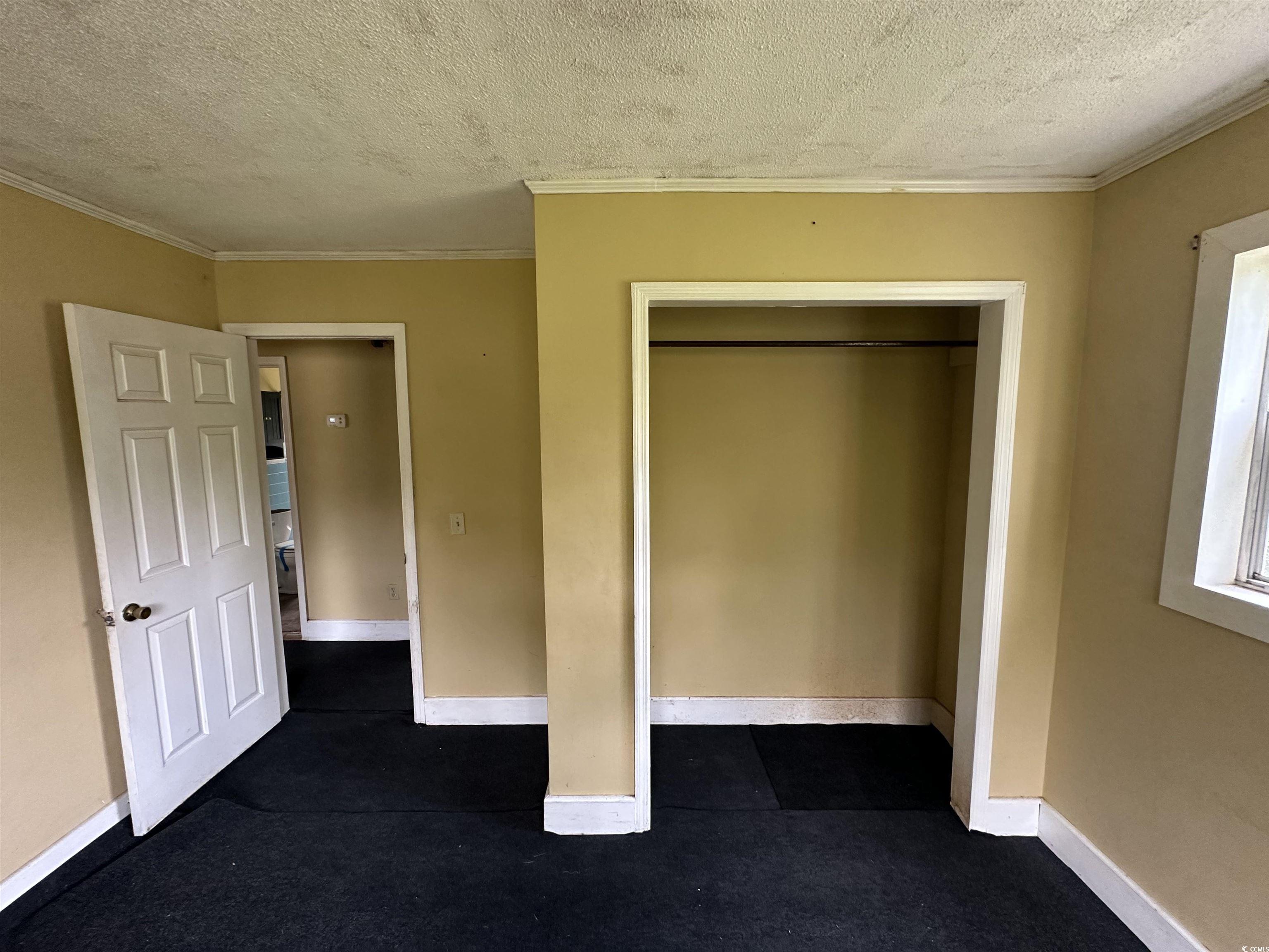 11185 Old Pee Dee Road Hemingway, SC 29554 - Photo 9 of 15 Unfurnished bedroom featuring a textured ceiling, ornamental molding, a closet, and dark carpet