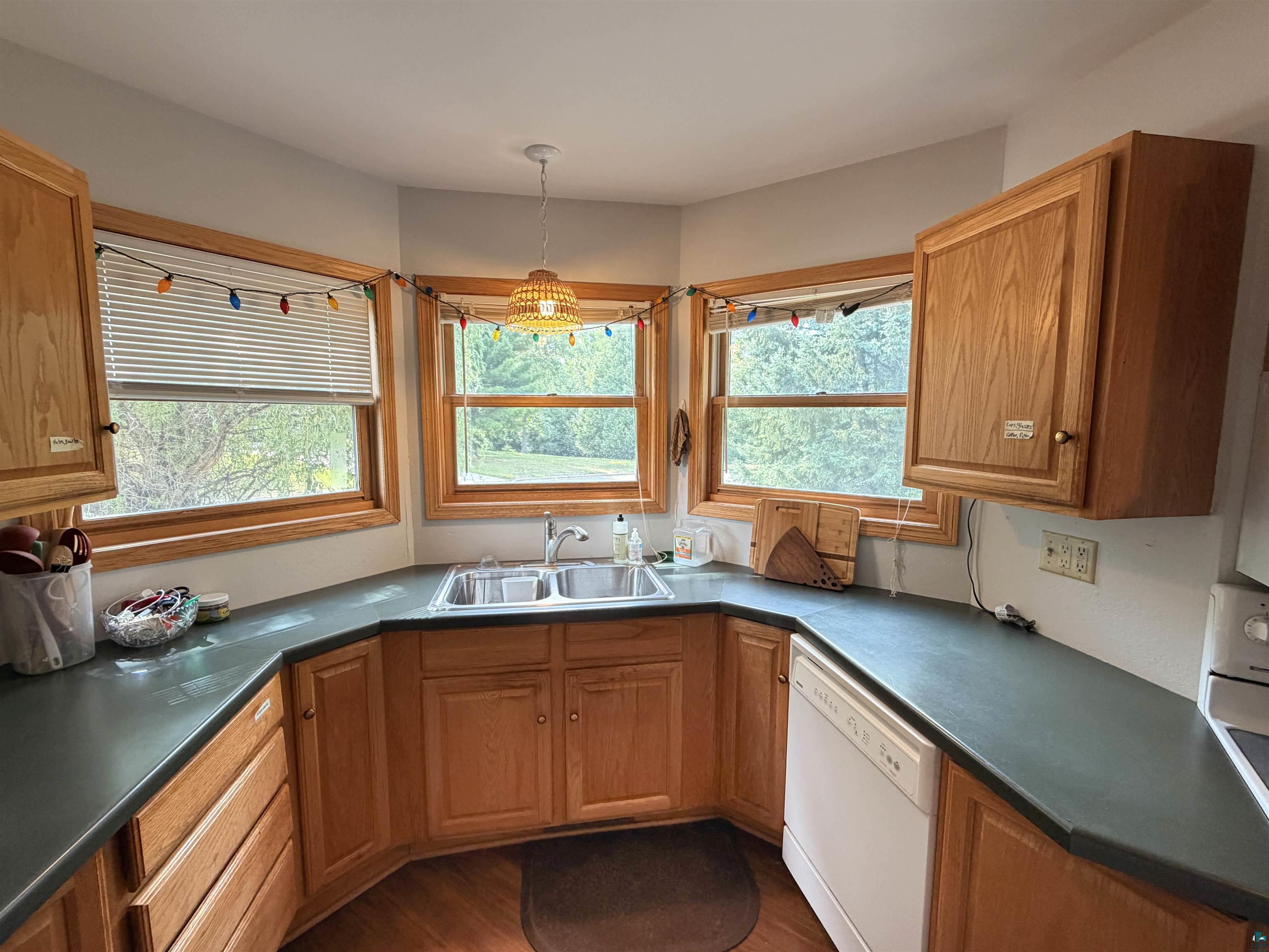 Kitchen featuring wood cabinetry, dark countertops, a double basin stainless steel sink, a white dishwasher, and multiple windows