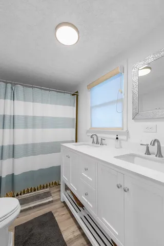 a bathroom with a sink a toilet and a mirror