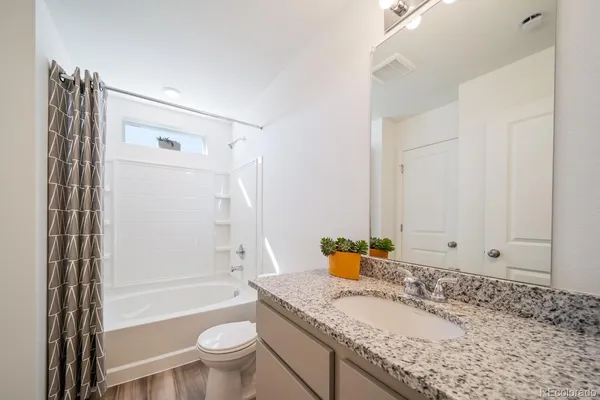 a bathroom with a granite countertop sink a toilet and shower