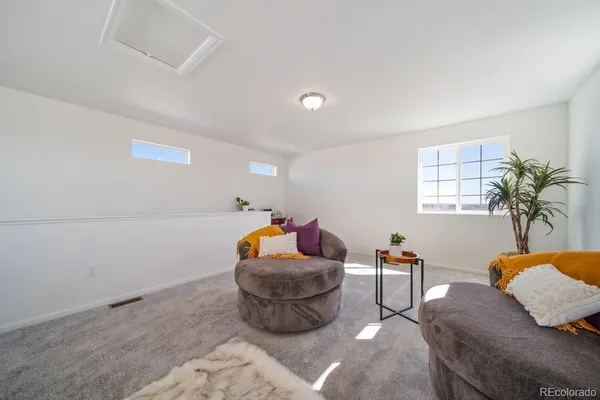 a living room with furniture and a potted plant