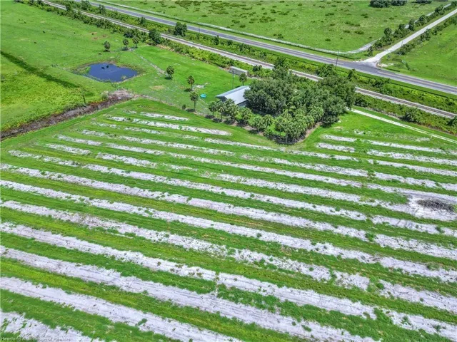 a green field with trees in the background
