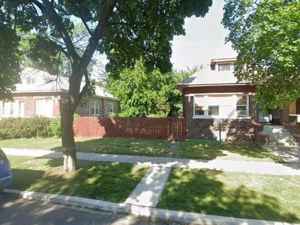 a view of a yard in front of a house with plants and large tree