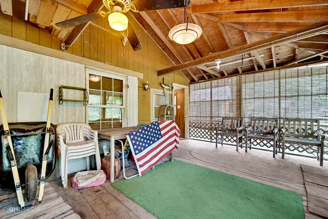 a garden view with a seating space