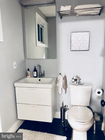 a bathroom with a sink toilet and mirror