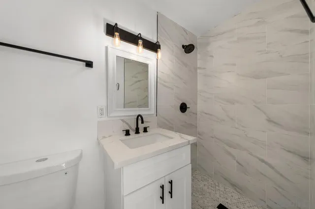 a bathroom with a sink a toilet and shower