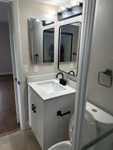 a bathroom with a sink a toilet and mirror