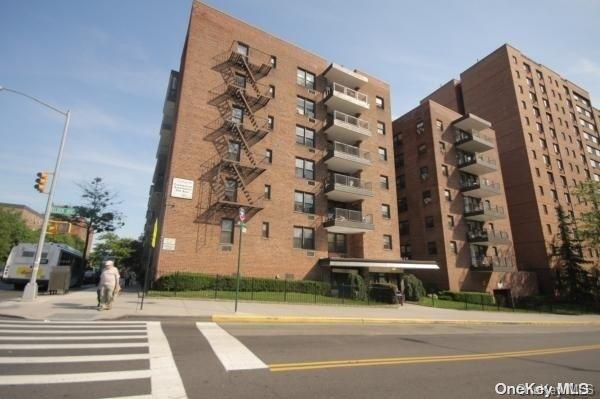 a view of a building and a street light