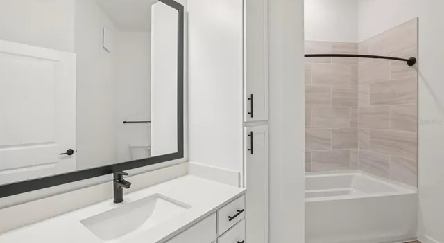 a bathroom with a sink and a mirror