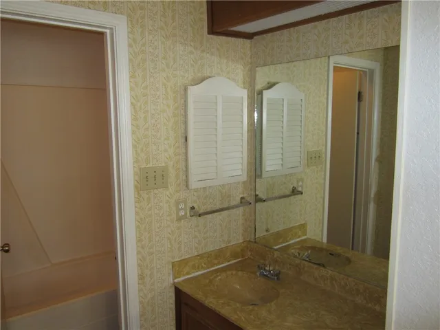 a bathroom with a sink a shower and a mirror