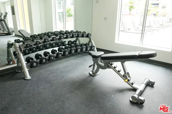 a room with gym equipment and a window
