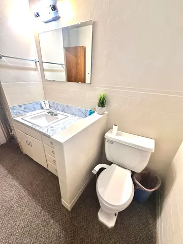 a bathroom with a sink a toilet and mirror