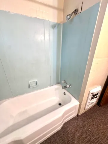 a bathroom with a bathtub and shower