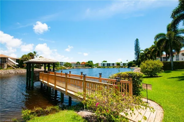 a view of a lake with a terrace