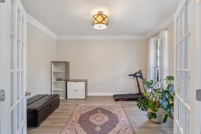 a living room with a rug