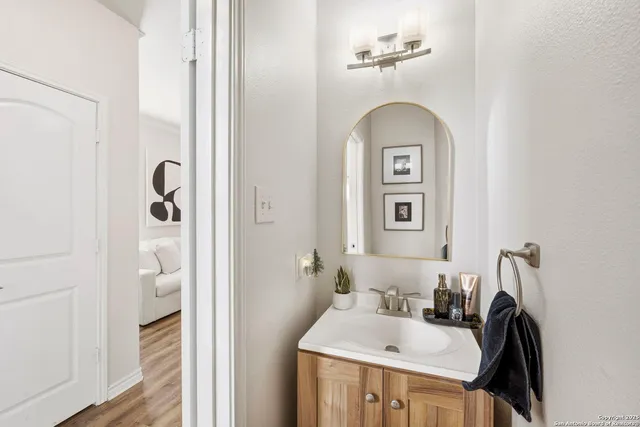 a bathroom with a sink a mirror and a shower