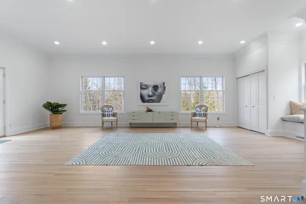 a living room with furniture and a rug