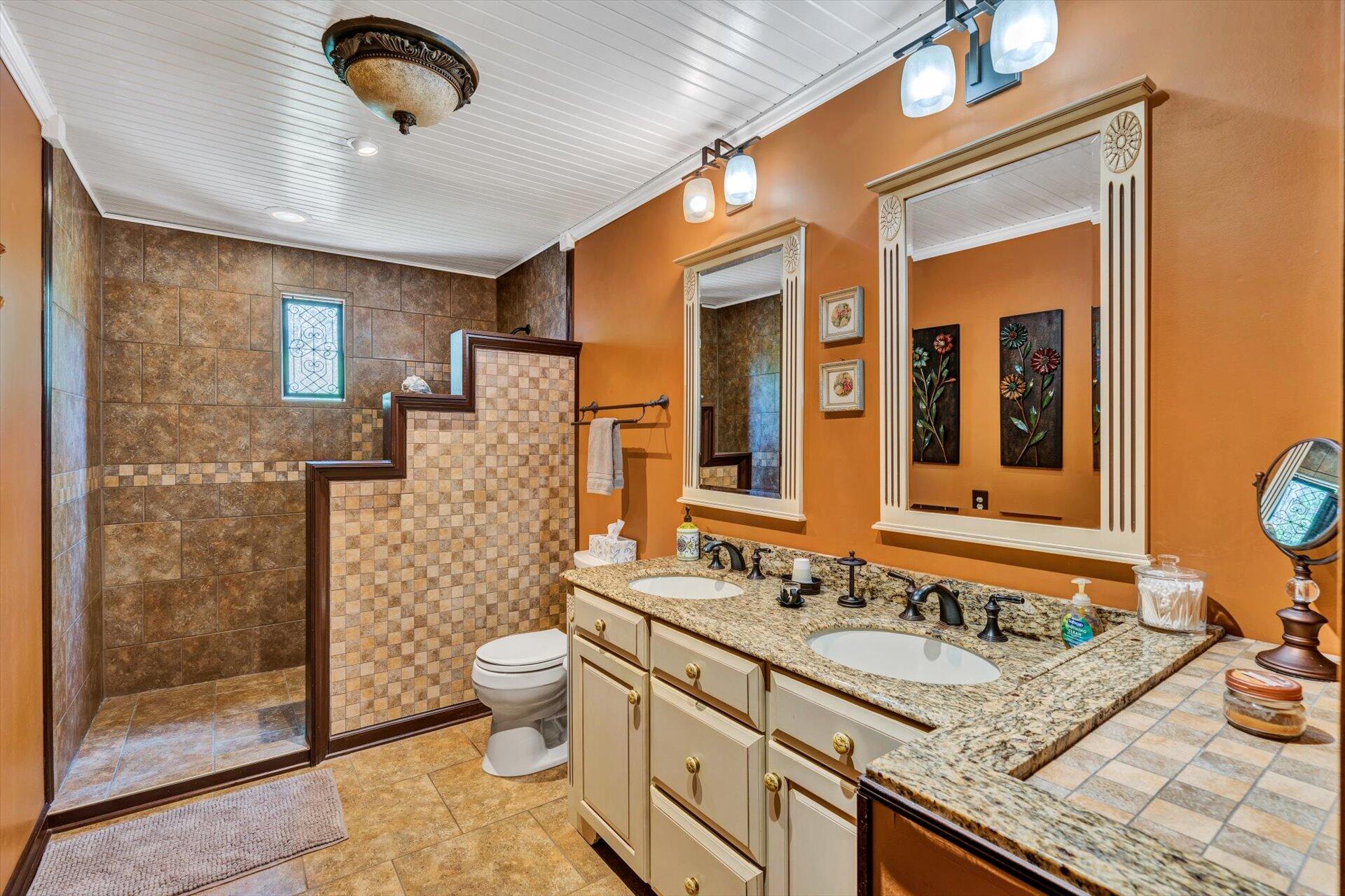 2339 Navigation Point Goodview, VA 24095 - Photo 22 of 49 a bathroom with a granite countertop sink a toilet a mirror and shower