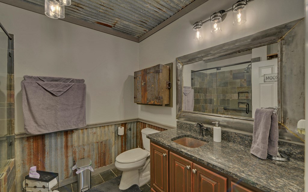 280 Cherokee Court Ellijay, GA 30540 - Photo 39 of 73 a bathroom with a granite countertop sink a toilet and a mirror