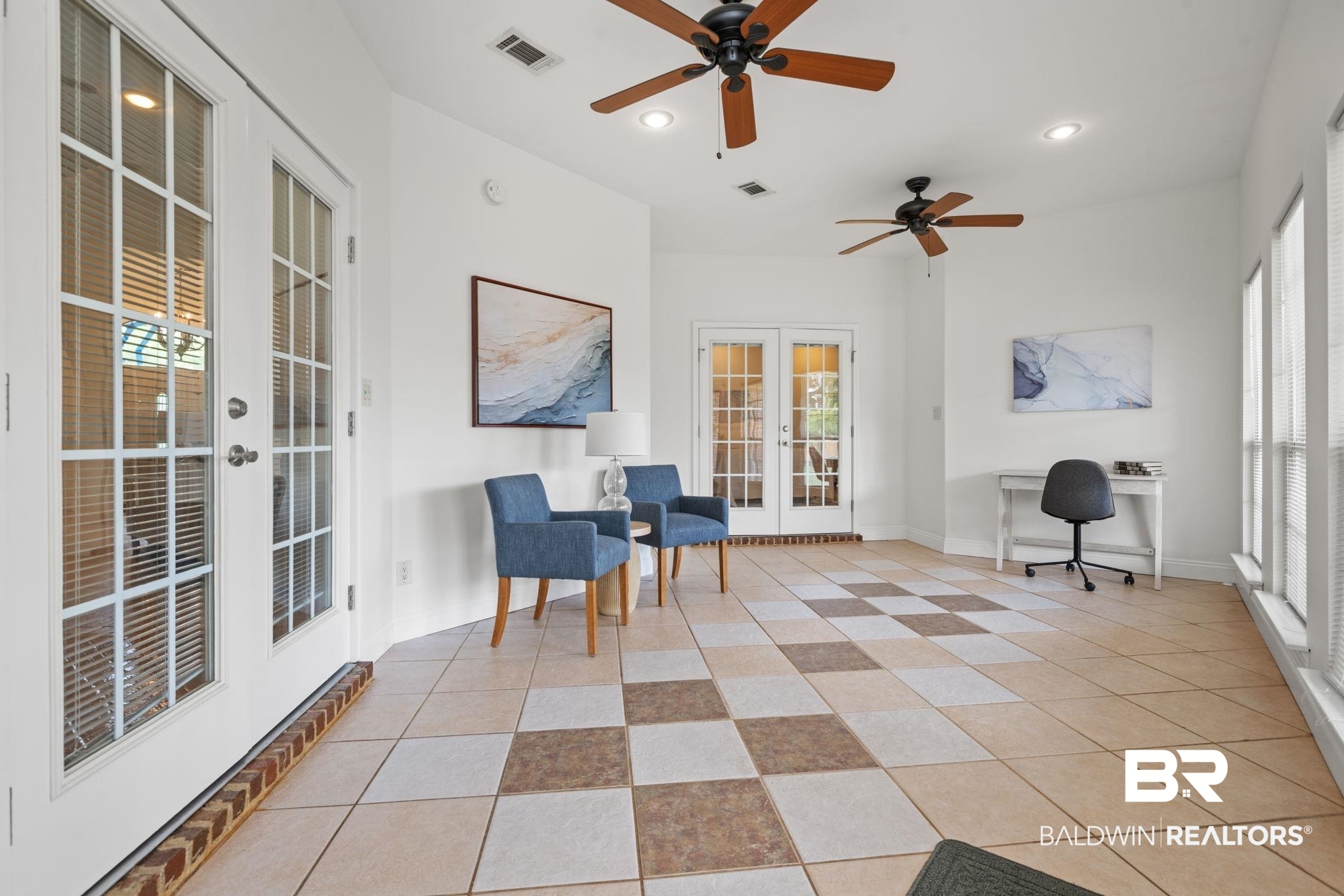 29634 St George Street Daphne, AL 36526 - Photo 37 of 47 Sitting room with french doors, a desk, recessed lighting, light tile patterned floors, and ceiling fan