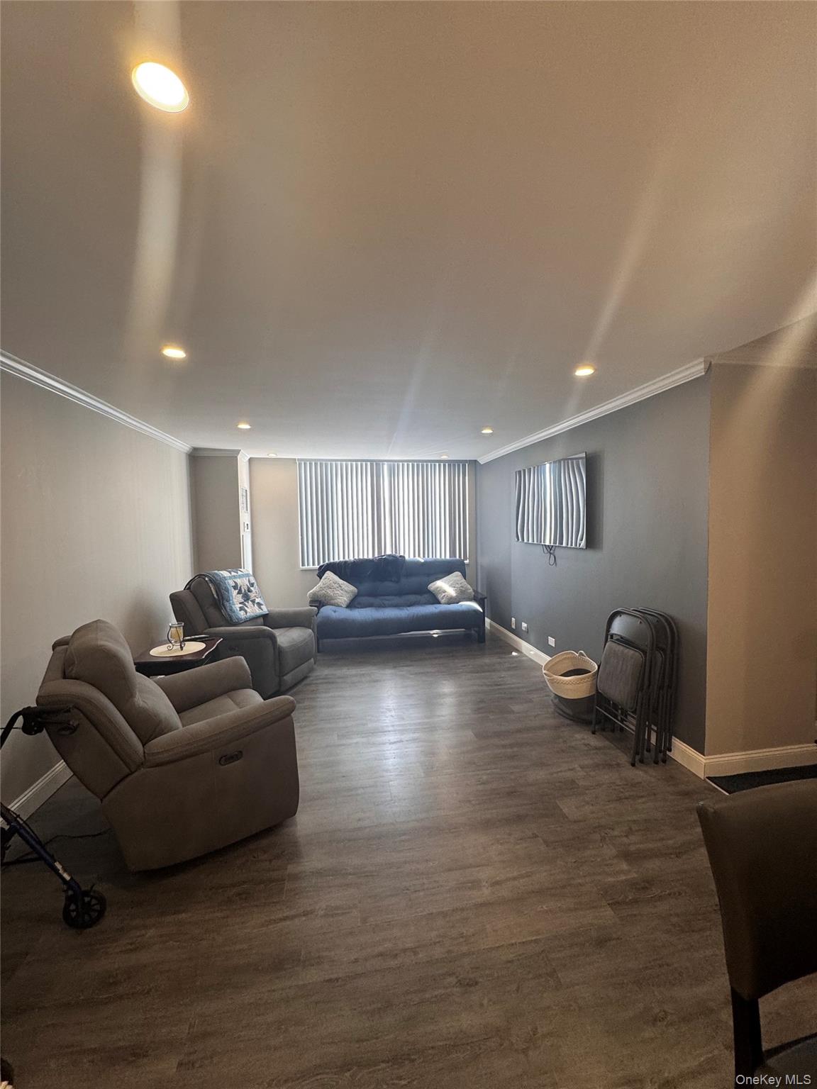 269 Grand Central Parkway, Unit 2C Queens, NY 11005 - Photo 2 of 18 Living room with furniture, featuring dark wood-type flooring, ornamental molding, baseboards, and recessed lighting