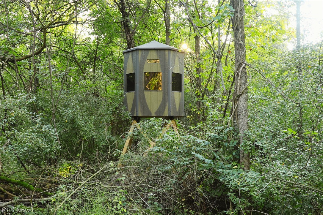 Groves Hill Road Caldwell, OH 43724 - Photo 1 of 44 Elevated hexagonal structure featuring multiple windows and a camouflage pattern, set amidst a densely wooded area