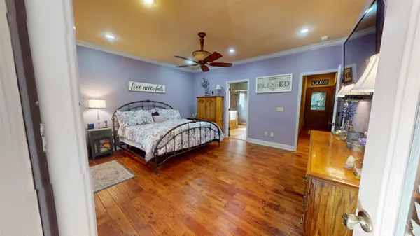 a living room with a bed furniture and a ceiling fan