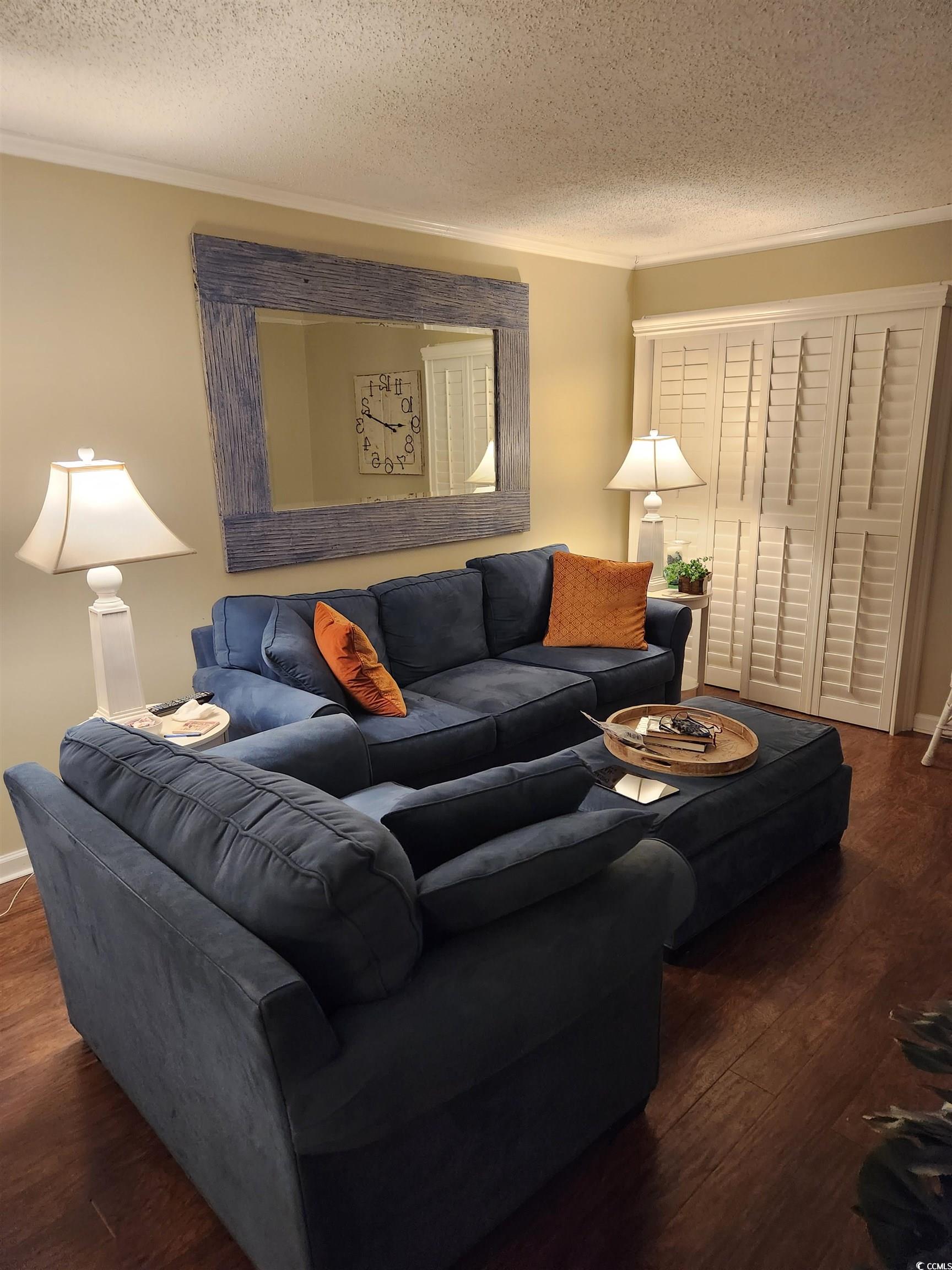 1919 Spring Street, Unit B11 North Myrtle Beach, SC 29582 - Photo 7 of 32 Living room featuring ornamental molding, a textur