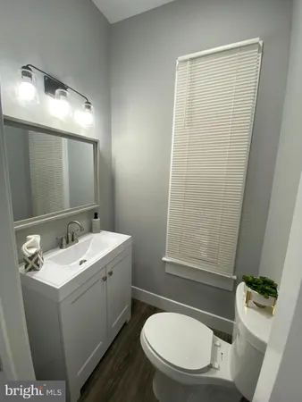 a bathroom with a sink toilet and mirror