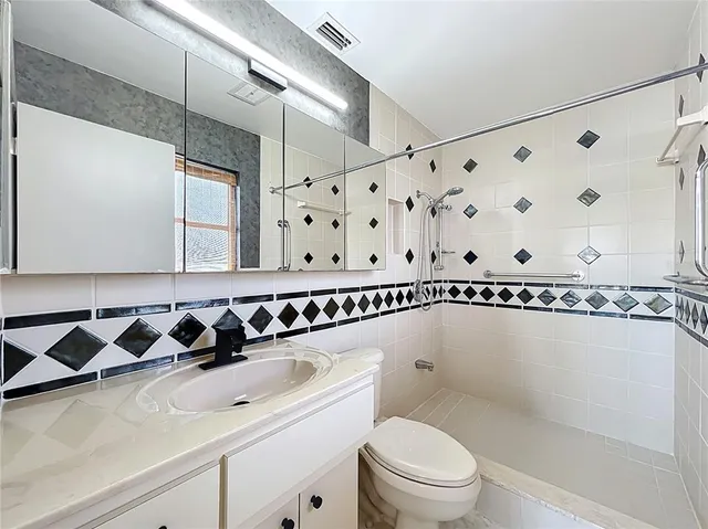 a bathroom with a sink a toilet and a shower