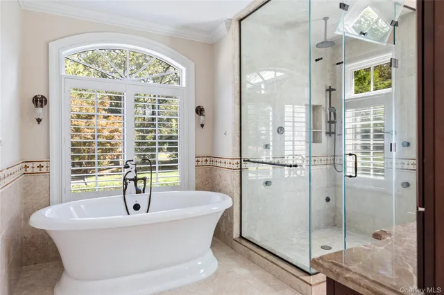 a bathroom with a bathtub and a shower