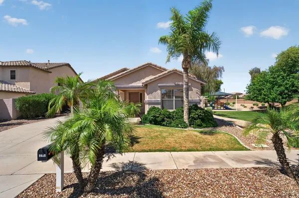 a front view of a house with a yard and potted plants