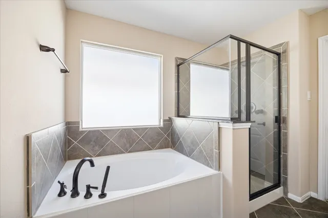 a bathroom with a bathtub and a shower