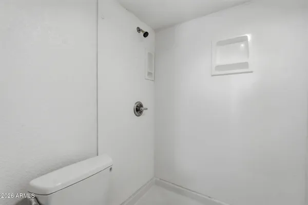 a bathroom with a toilet and a shower