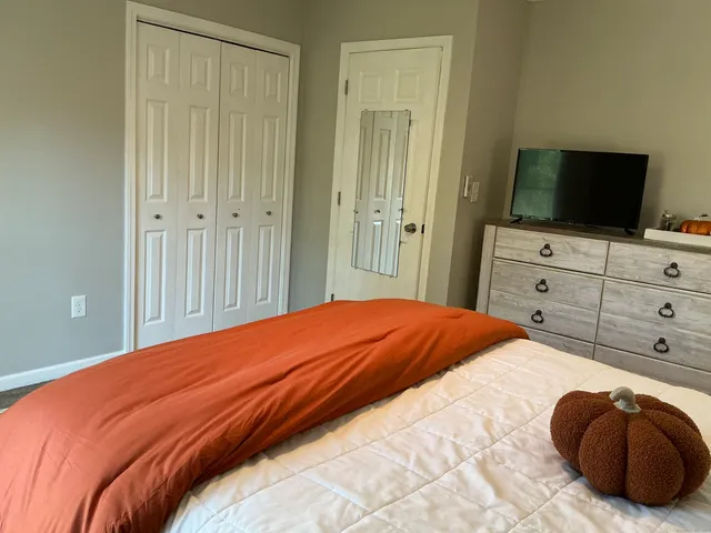 a bedroom with a bed and a television