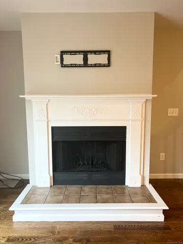 a living room with a fireplace