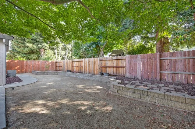 a view of a backyard with large trees and wooden fence