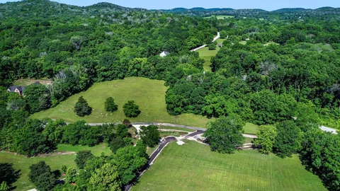 an aerial view of a residential houses with a lush green hillside