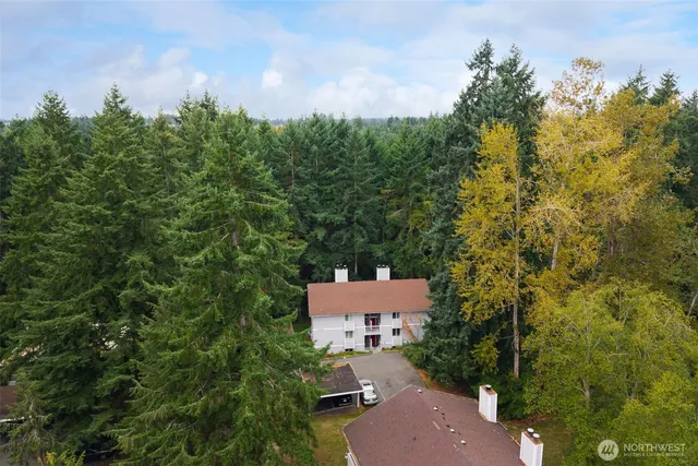 an aerial view of a house with yard and outdoor seating