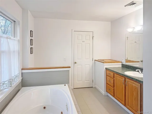 a bathroom with a tub sink and mirror
