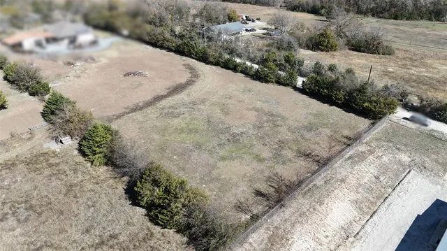 a view of a dry yard with lots of bushes