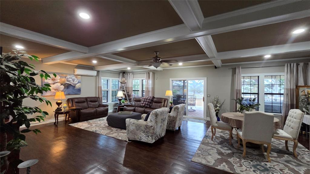 236 Charlie Cannon Road Coushatta, LA 71019 - Photo 18 of 39 Living room with beamed ceiling, dark wood-type flooring, coffered ceiling, recessed lighting, and ceiling fan