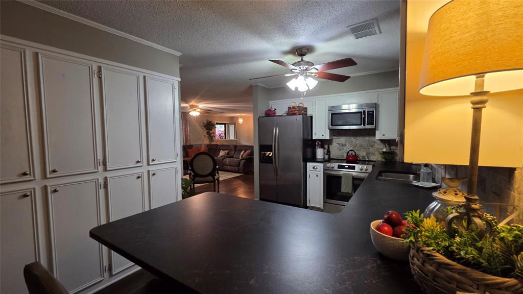 236 Charlie Cannon Road Coushatta, LA 71019 - Photo 29 of 39 Kitchen featuring crown molding, dark countertops, a textured ceiling, stainless steel appliances, and ceiling fan