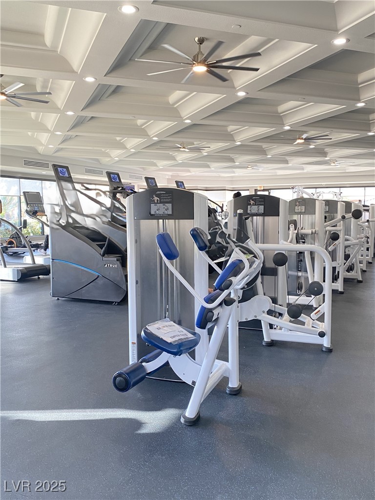 118 Castle Course Avenue Las Vegas, NV 89148 - Photo 52 of 56 Exercise room featuring a ceiling fan, coffered ceiling, beam ceiling, and recessed lighting