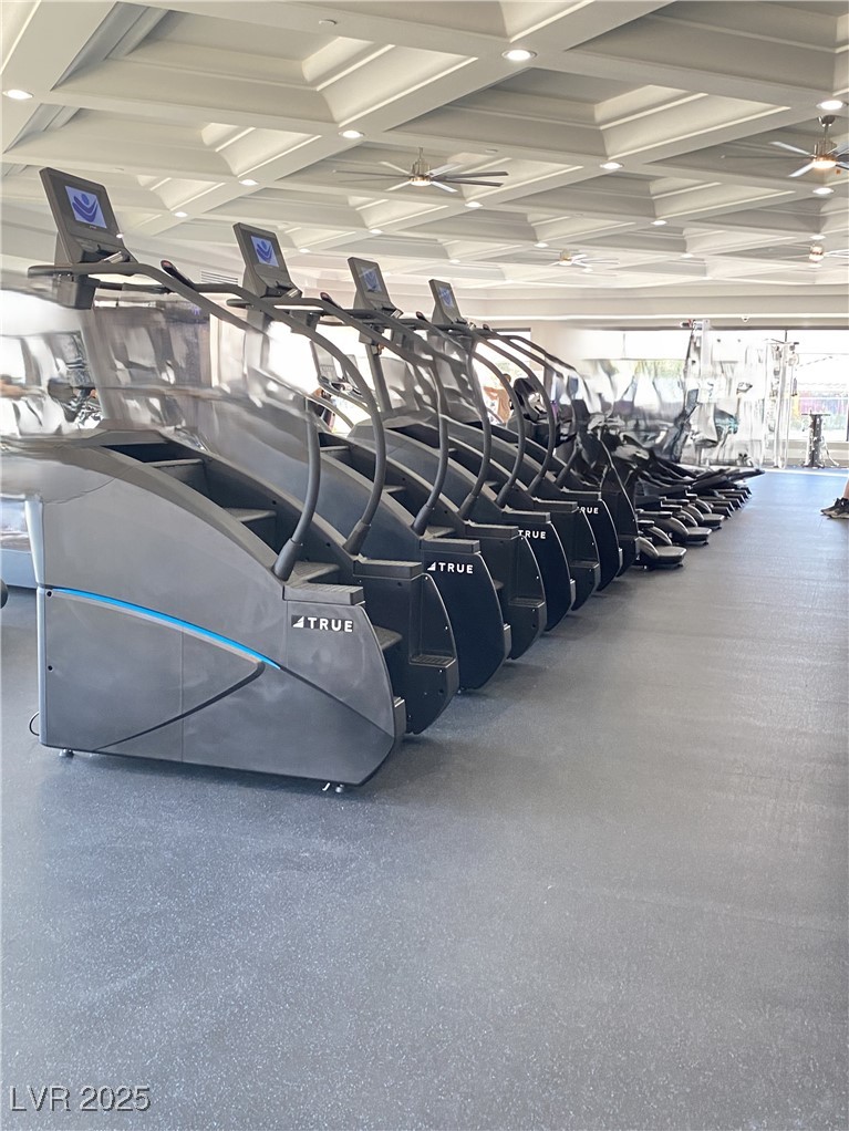 118 Castle Course Avenue Las Vegas, NV 89148 - Photo 54 of 56 Workout area featuring coffered ceiling and beamed ceiling