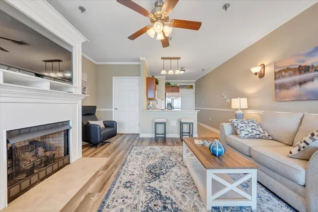 a living room with furniture a fireplace and a flat screen tv