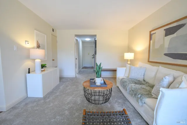 a living room with furniture and a potted plant