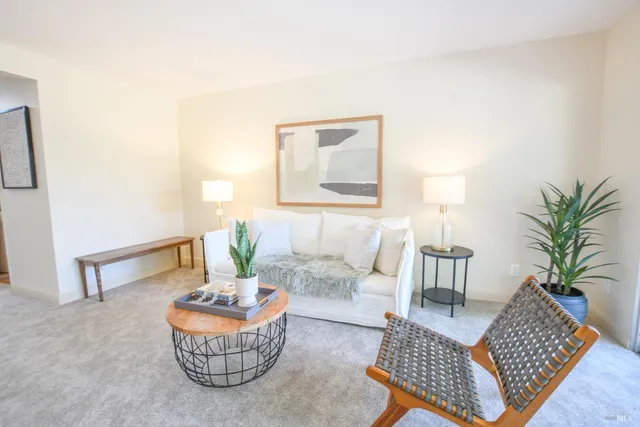 a living room with furniture and a potted plant